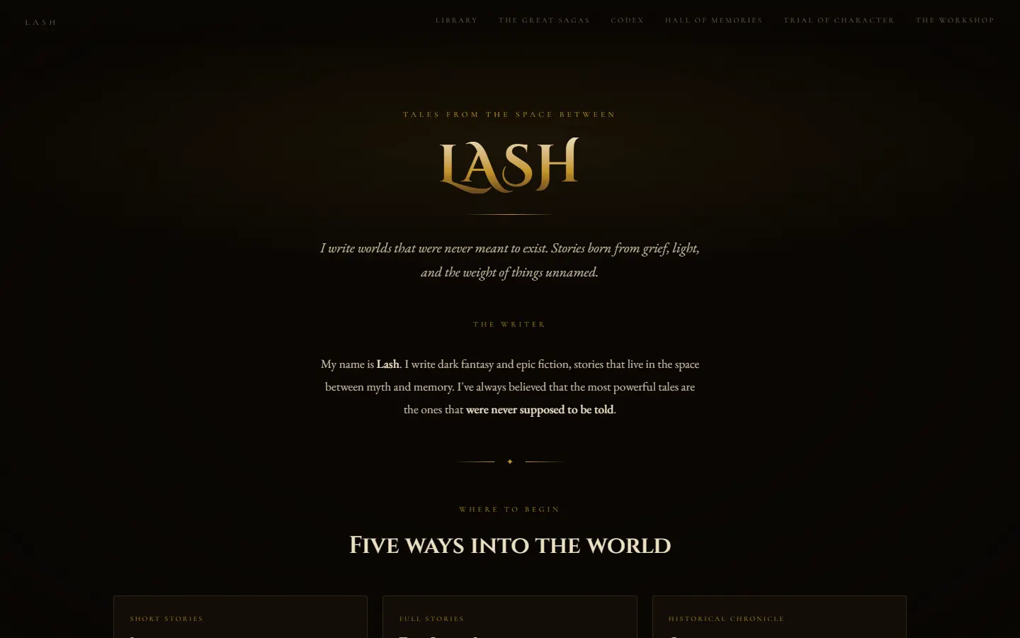 Blood of Icetear home page: dark gold lettering reading LASH above an introduction to the fantasy world