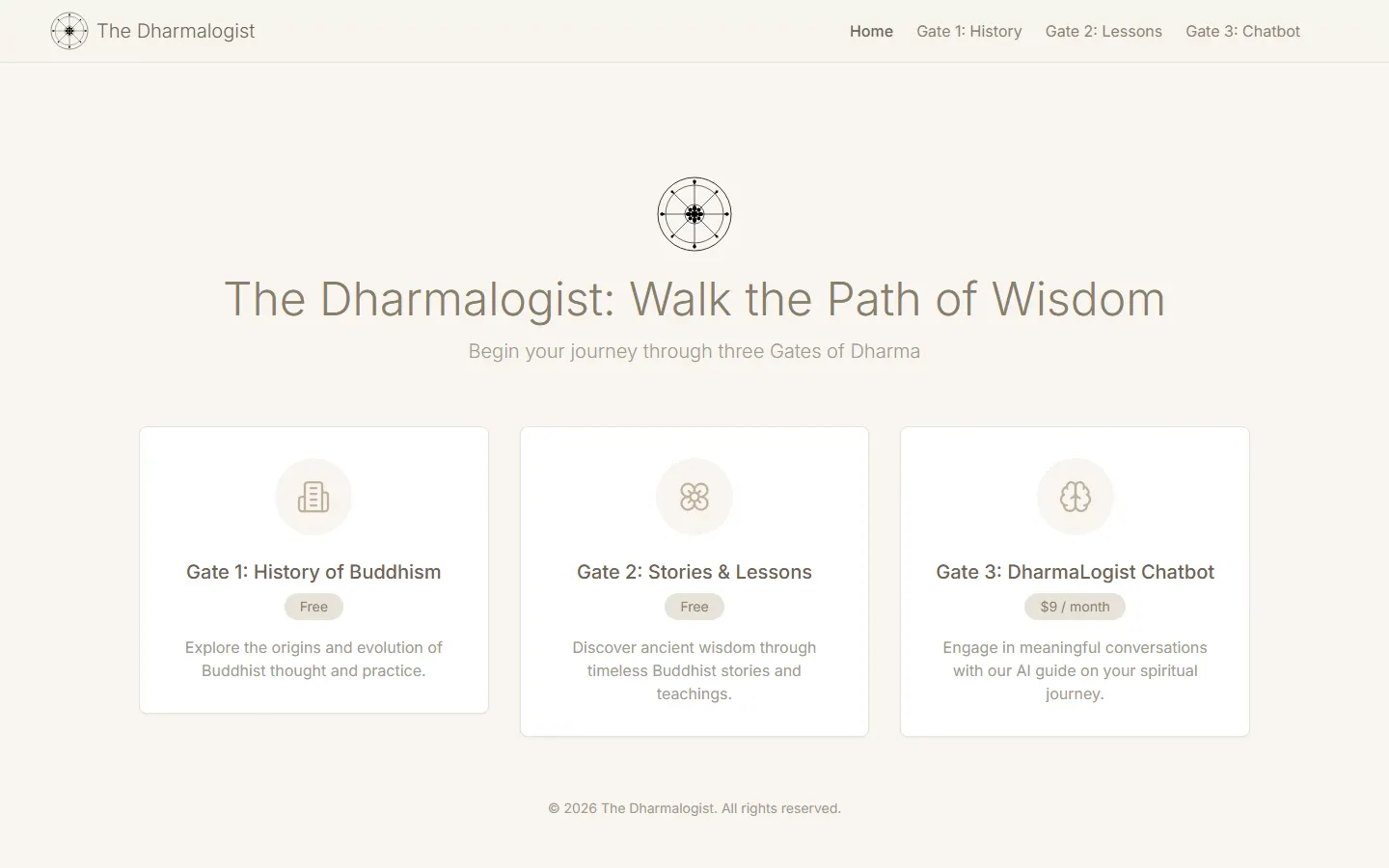Dharmalogist home page: a dharma wheel above three cards for the History, Stories and Chatbot gates
