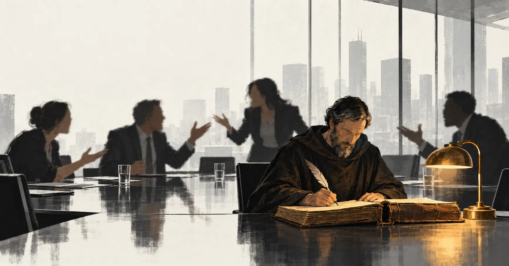 A boardroom in grey, four people mid-argument with their hands in the air, and in the foreground a lone figure in a monk's robe writing the meeting down by lamplight in a heavy leather ledger.