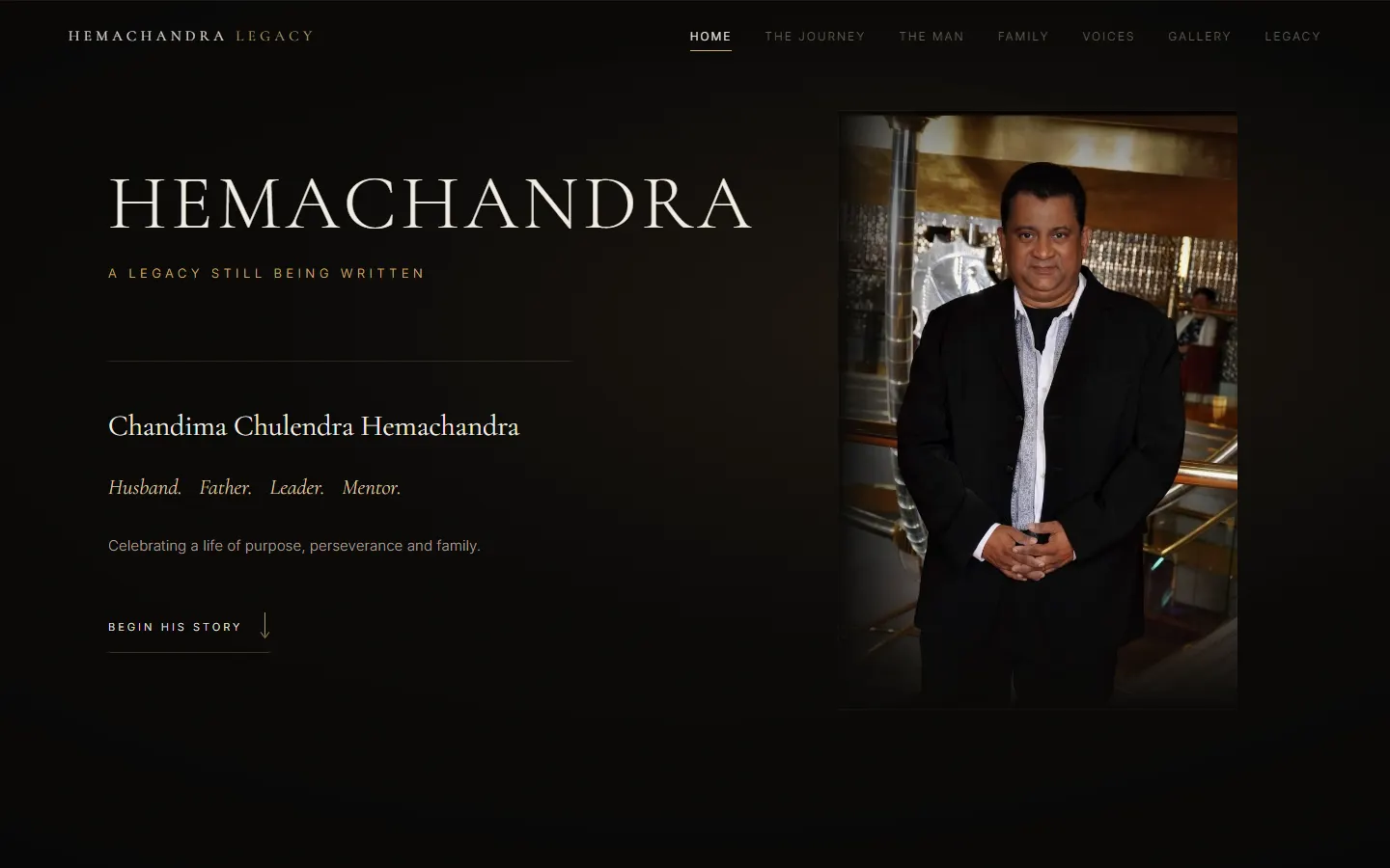Hemachandra Legacy home page: the family name in large capitals beside a portrait photograph